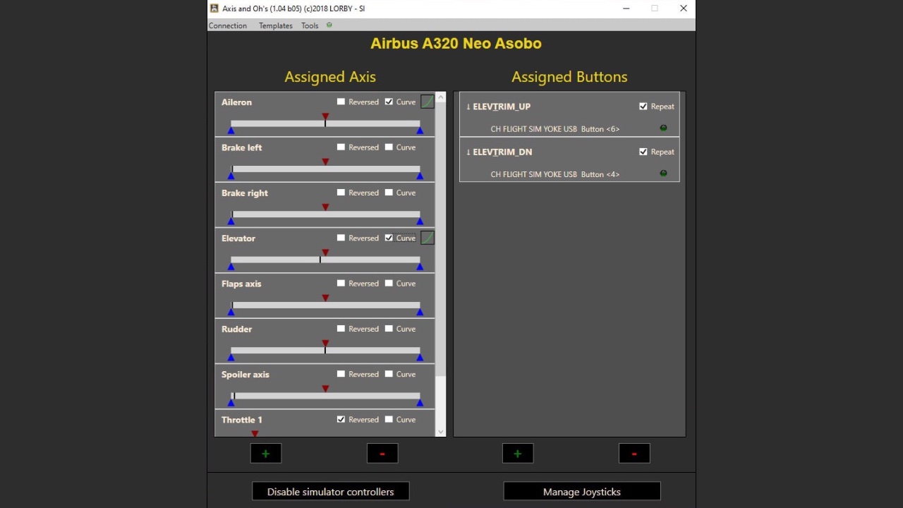 AxisAndOhs v4.56.0 — интерфейс программы для настройки управления в MSFS