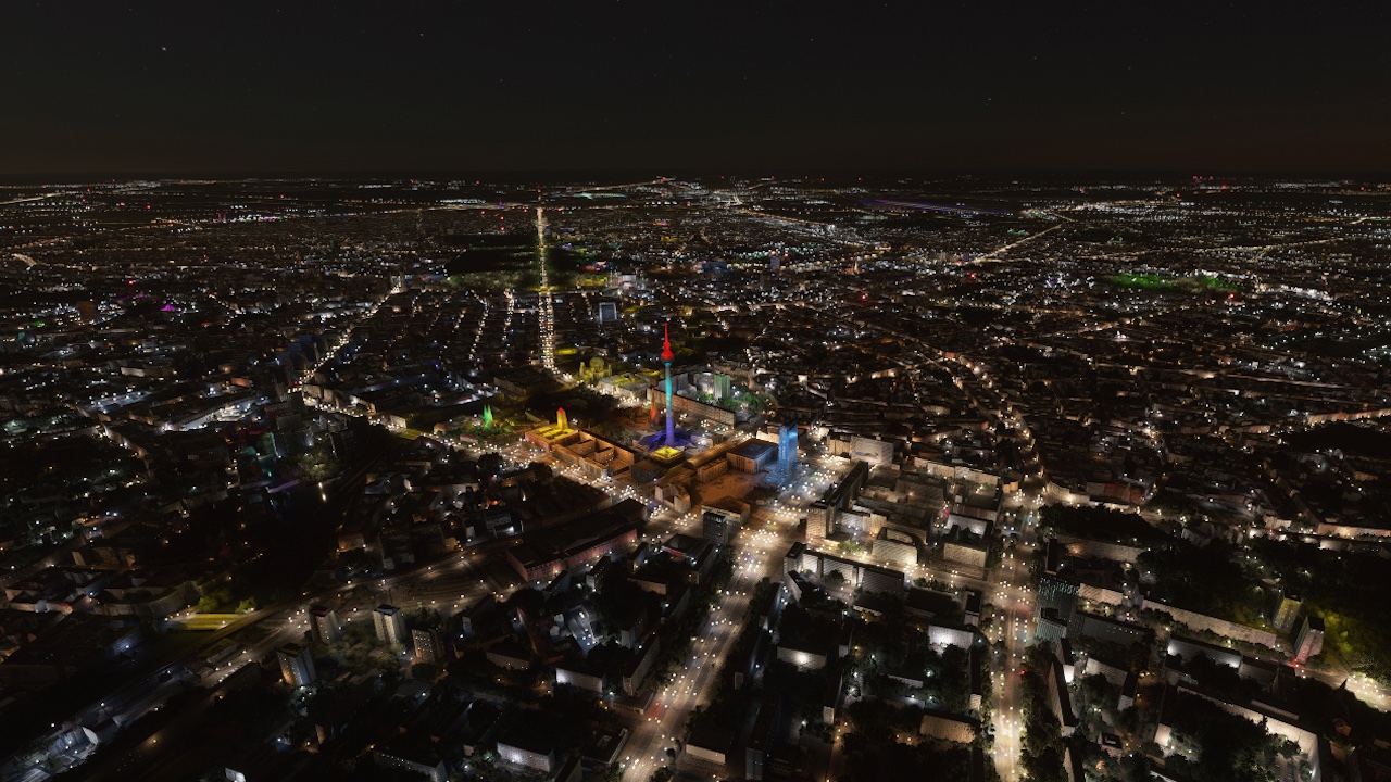 Скриншот ночного города с улучшенным освещением из дополнения Dreamscenery Night Enhanced Cities Pack для Microsoft Flight Simulator.
