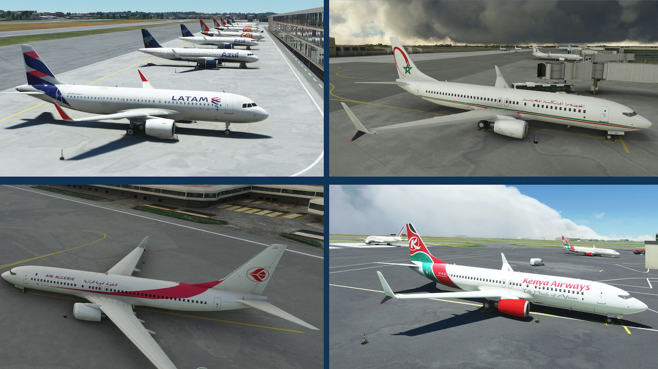 Скриншот аэропорта с статичными самолётами из LatinVFR Static Aircraft Bundle для MSFS