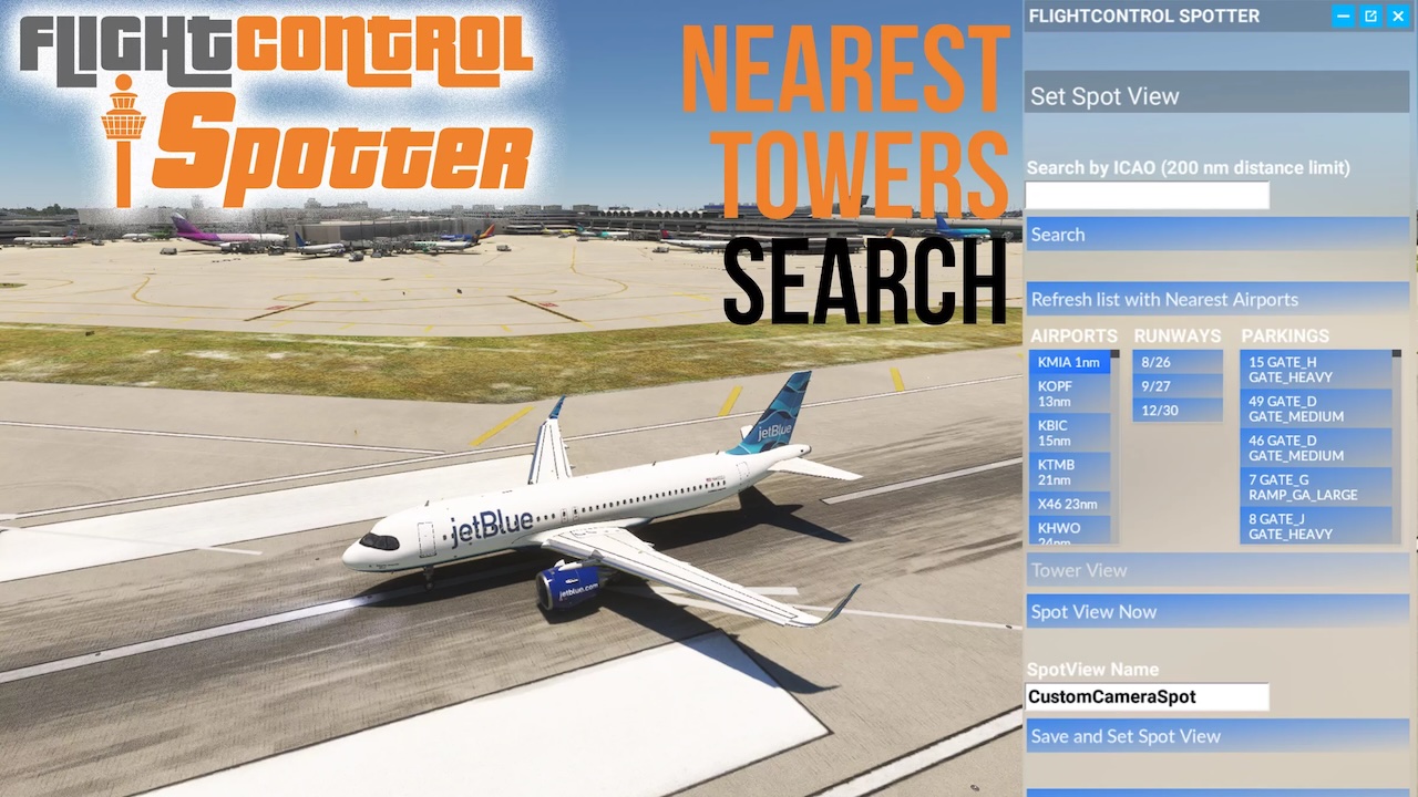 Интерфейс FlightControlSpotter в Microsoft Flight Simulator для споттинга