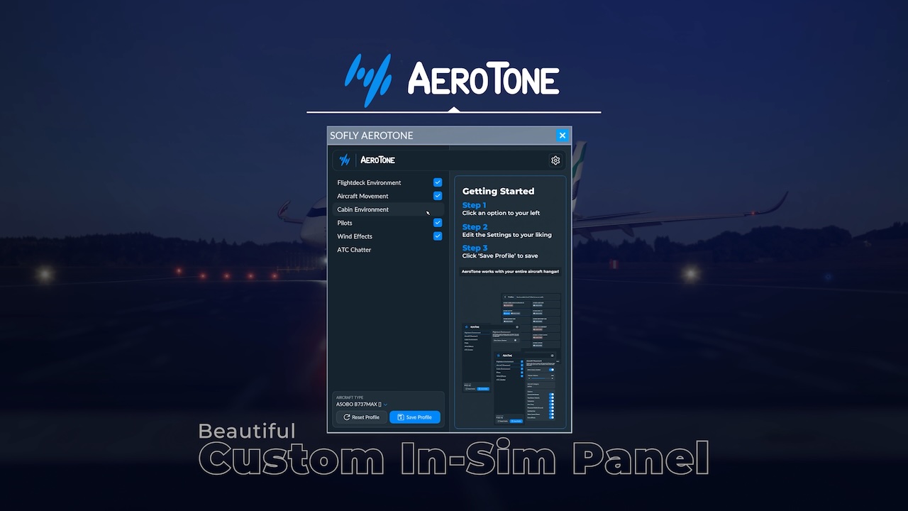 Скриншот панели управления звуками SoFly AeroTone в MSFS